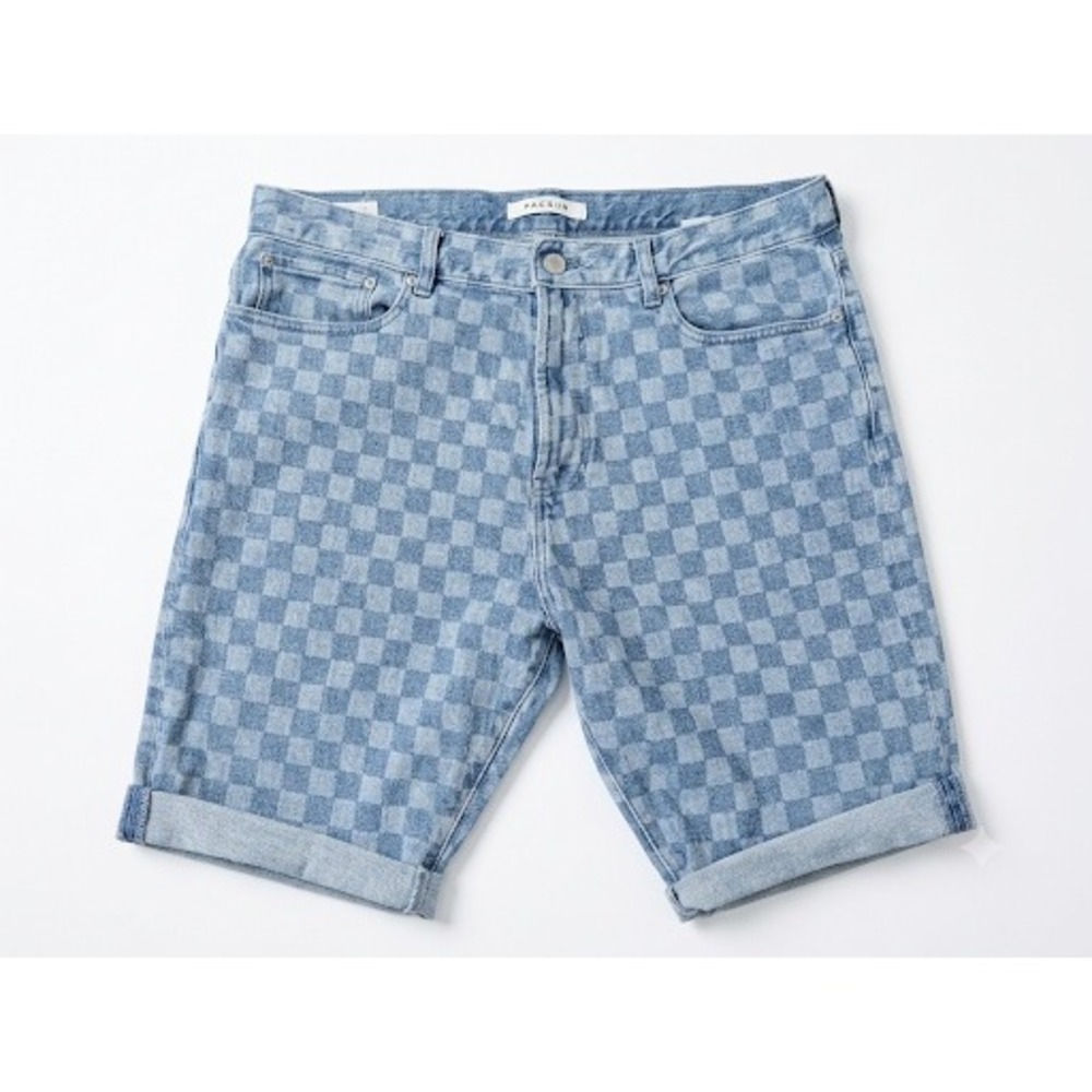 PacSun Mens Checkerboard Denim Shorts Blue Light Wash Cutoff Slim Taper 36